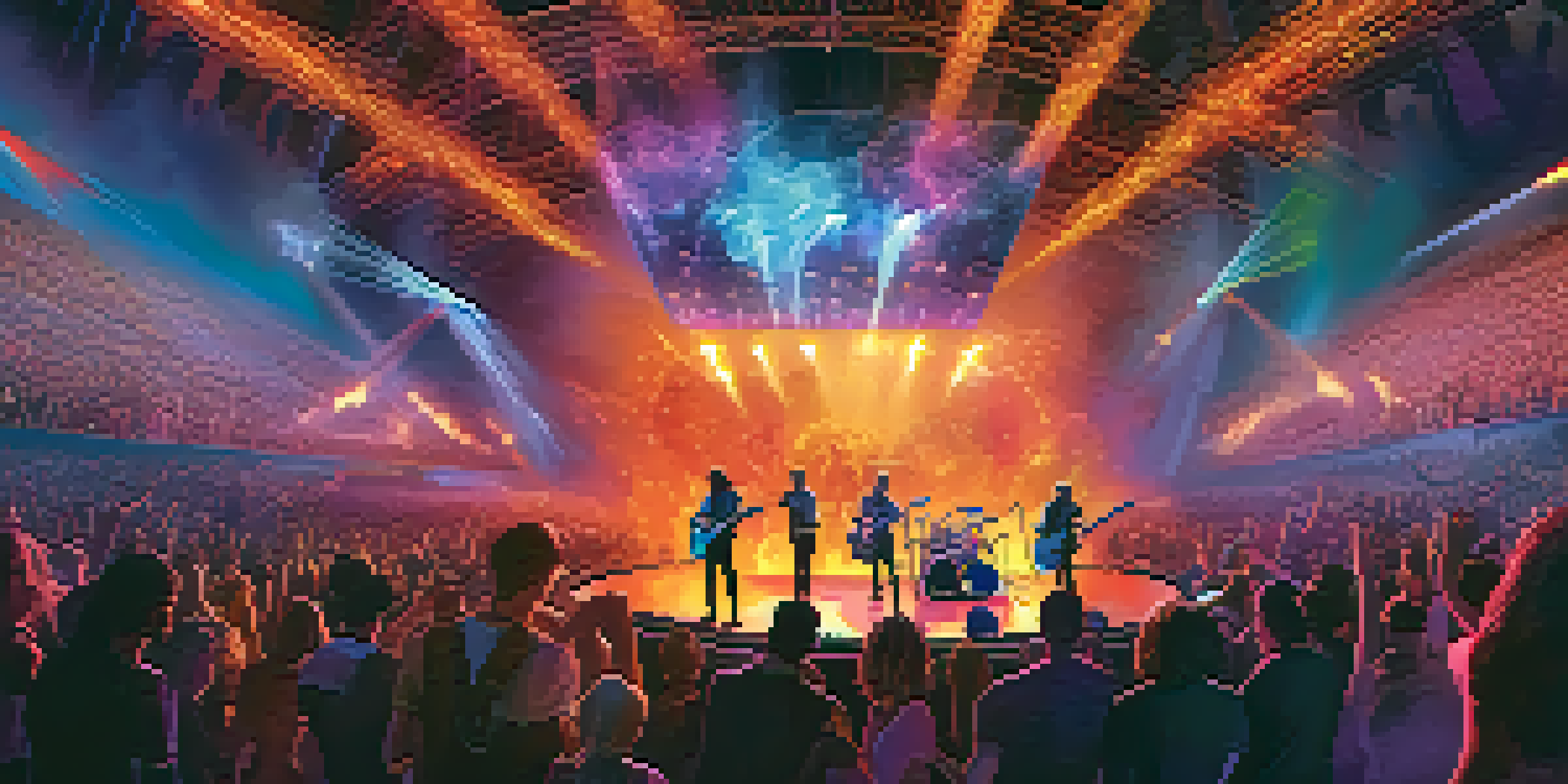 A virtual reality concert with a rock band on a fiery stage, surrounded by dynamic lighting and surreal landscapes.