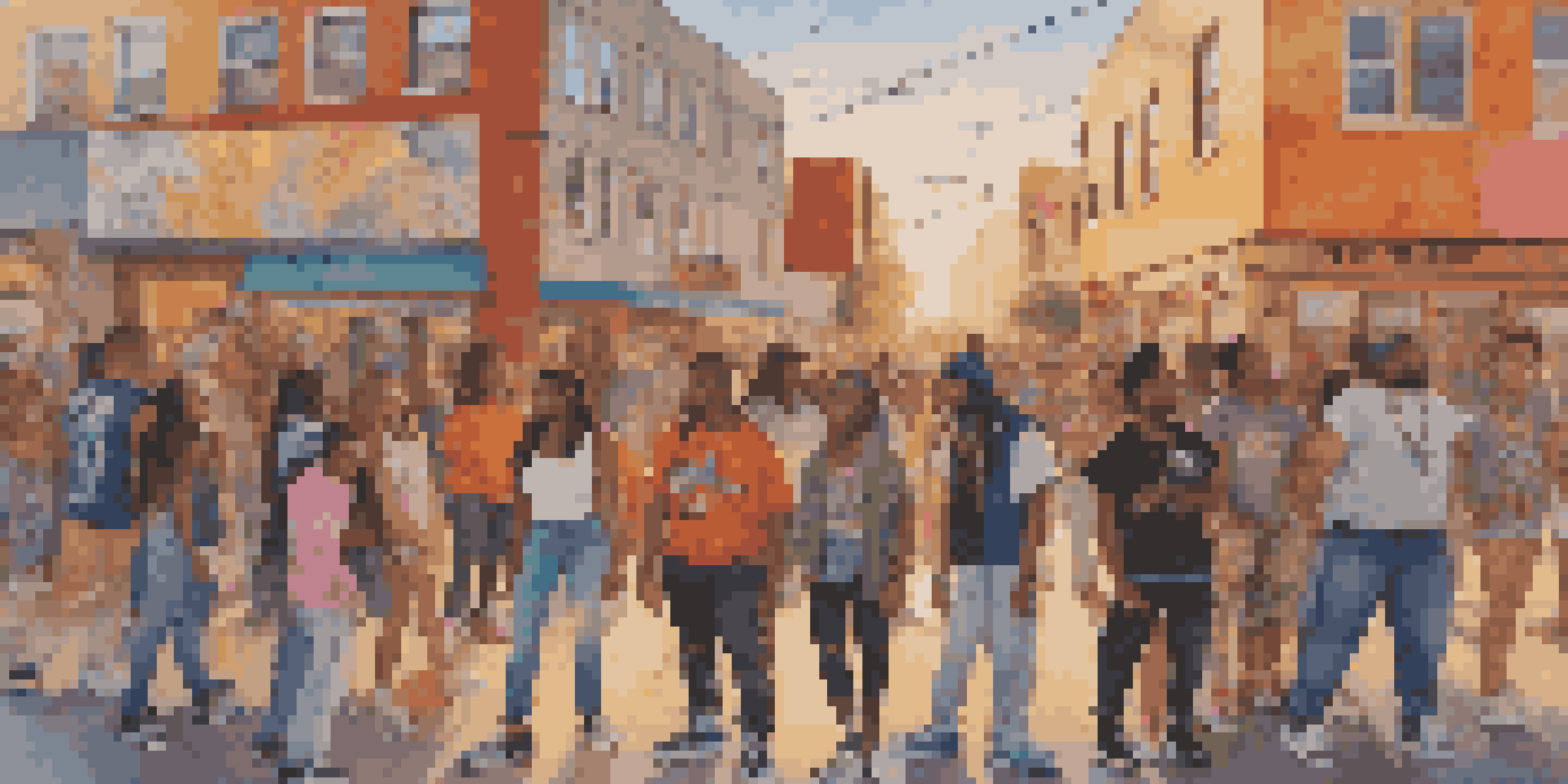 A diverse group of young people in front of a colorful mural, representing different music genres, with warm golden hour lighting.