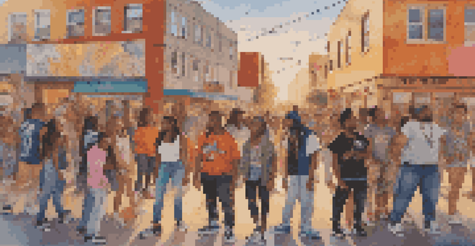 A diverse group of young people in front of a colorful mural, representing different music genres, with warm golden hour lighting.