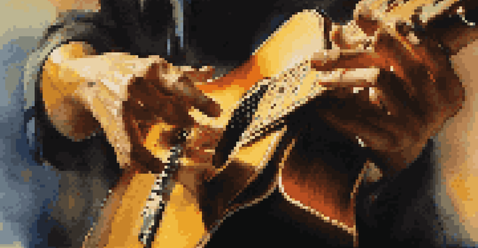 A close-up of a musician's hands playing a guitar on stage with an audience in the background.