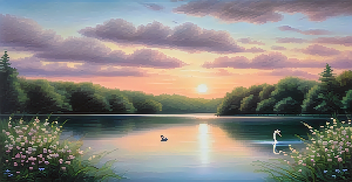 A peaceful lake at sunset with trees and wildflowers, and a swan gliding on the water.