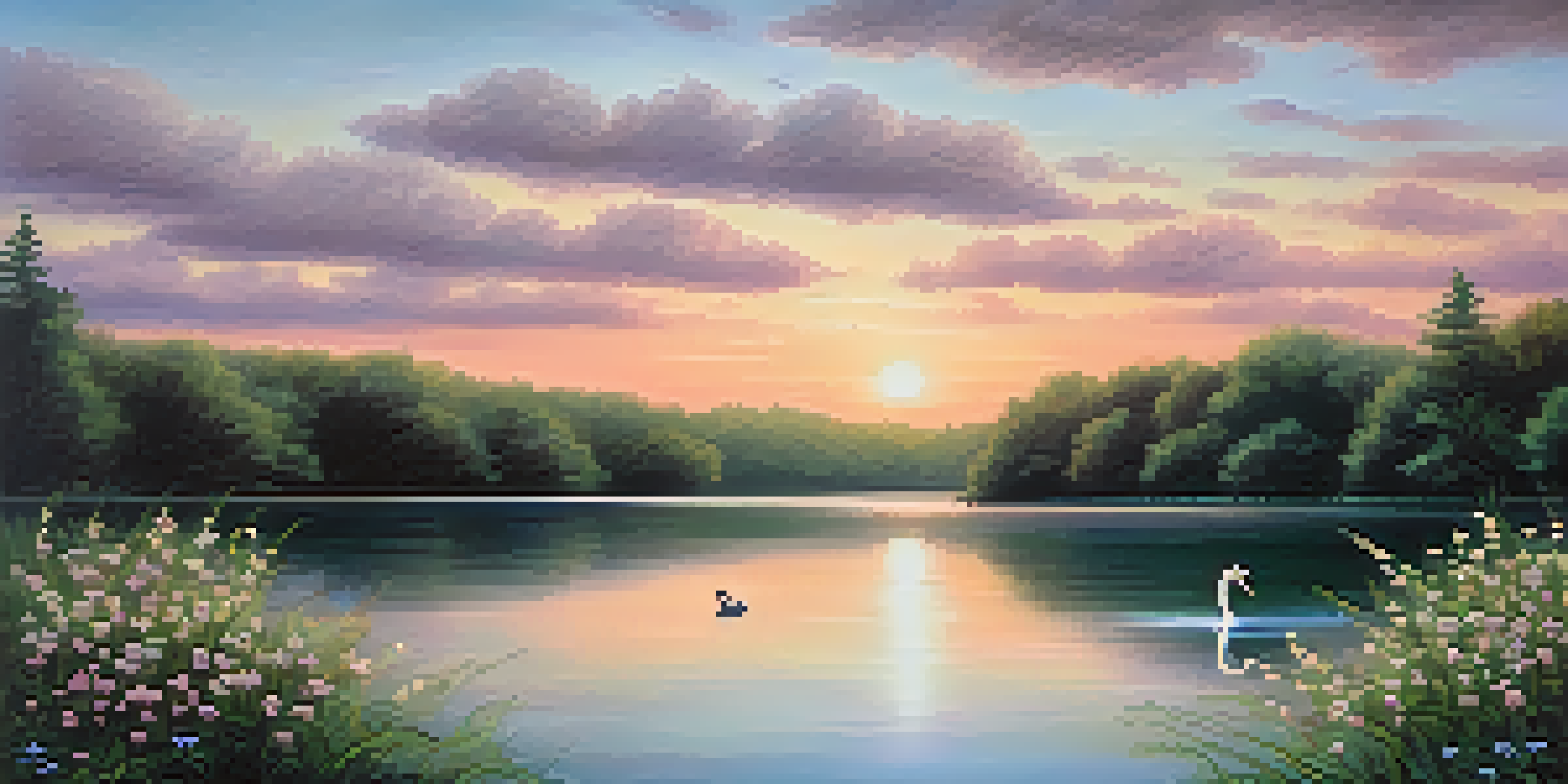A peaceful lake at sunset with trees and wildflowers, and a swan gliding on the water.