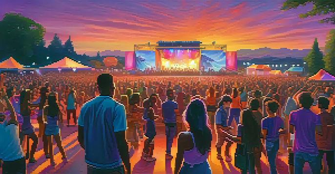 A lively outdoor music festival during sunset, with a diverse group of young people enjoying the performances amidst colorful lights and a beautiful sky.