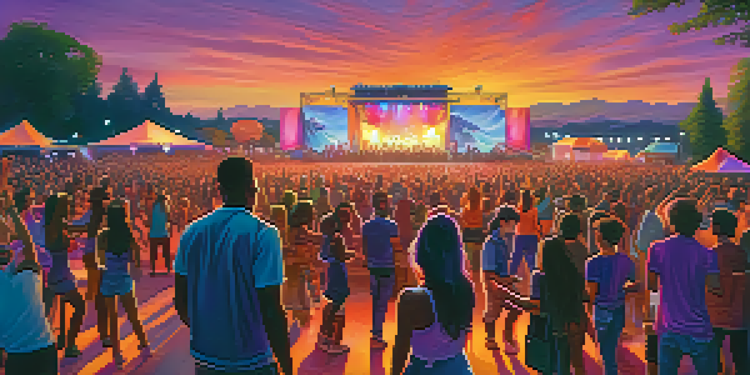A lively outdoor music festival during sunset, with a diverse group of young people enjoying the performances amidst colorful lights and a beautiful sky.
