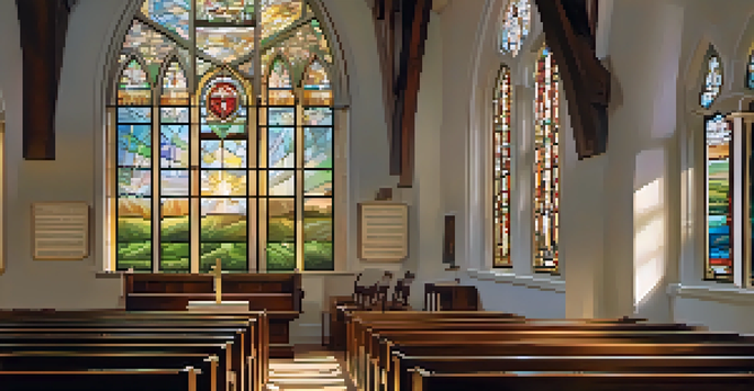 A peaceful church surrounded by greenery at sunrise, with light illuminating the interior where a choir is singing.
