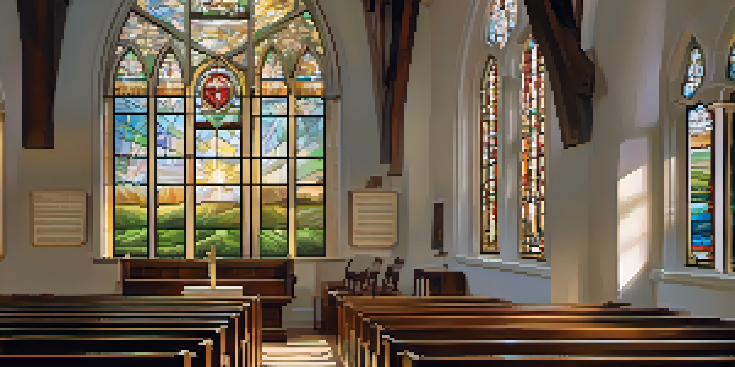 A peaceful church surrounded by greenery at sunrise, with light illuminating the interior where a choir is singing.