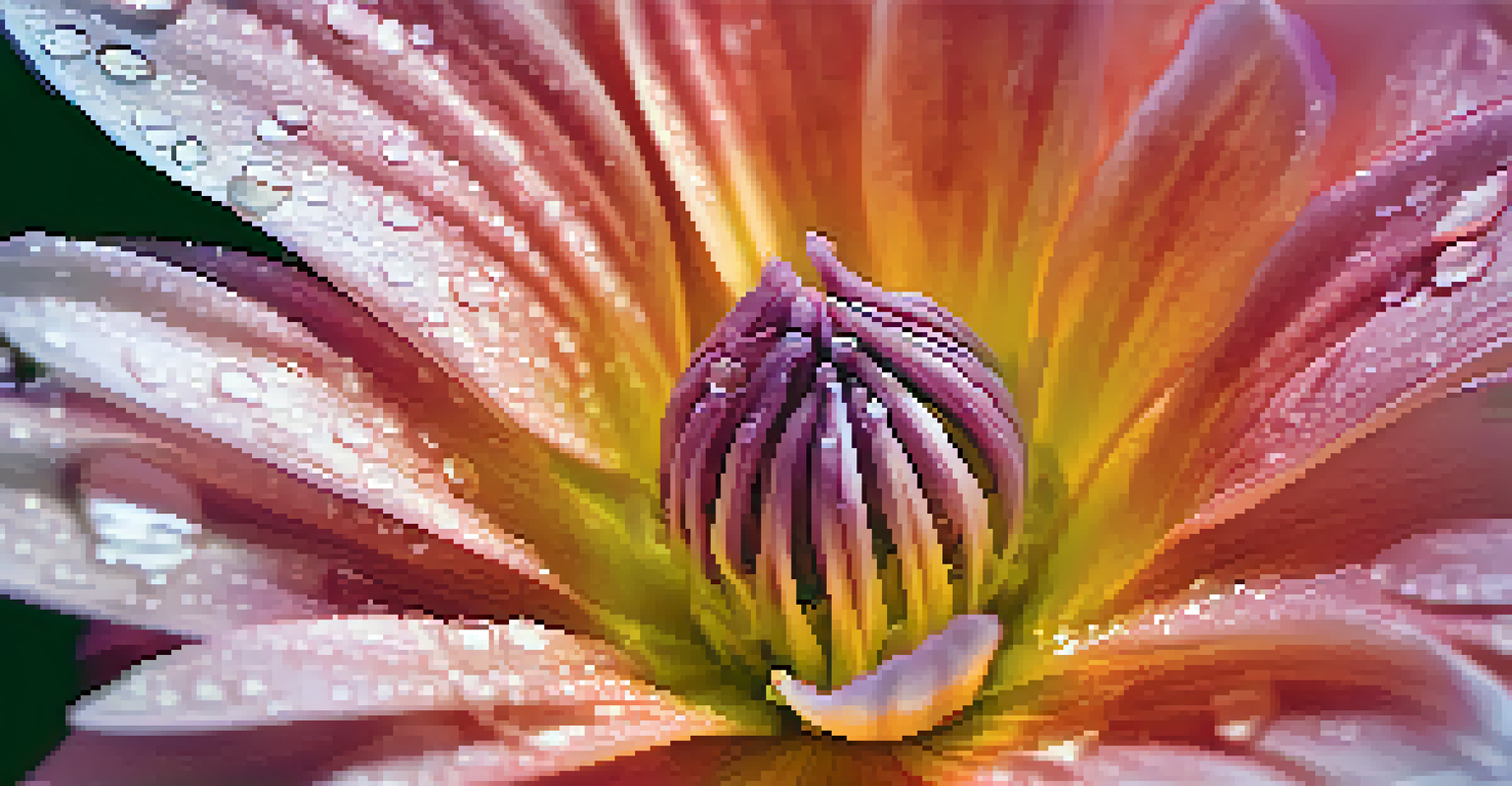 A close-up of a vibrant blooming flower with dew drops in soft morning light.