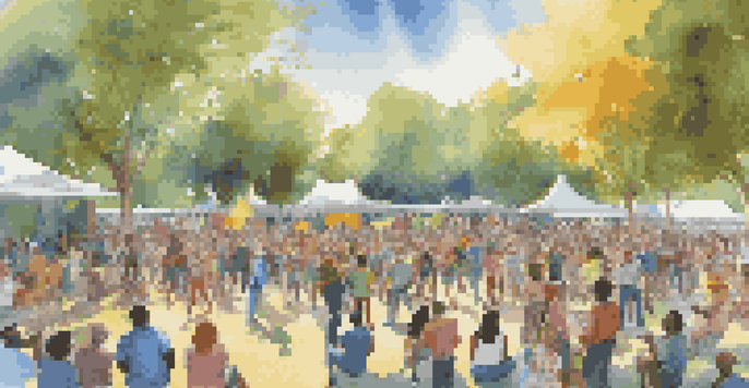 A colorful community concert with diverse musicians and an engaged audience enjoying the music in a sunny park.