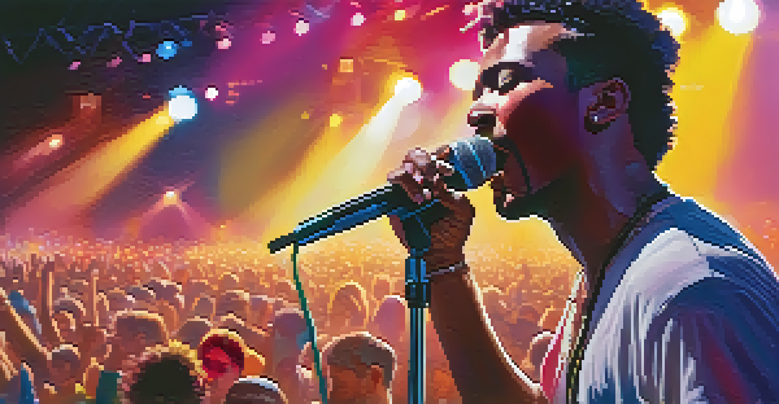 A musician singing passionately into a microphone at a modern music festival, with colorful stage lights and fans in the background.