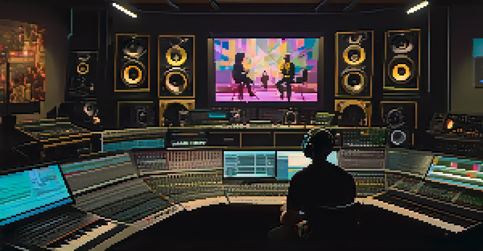 An artist in a recording studio analyzing data on a large screen, surrounded by sound equipment and neon lights.