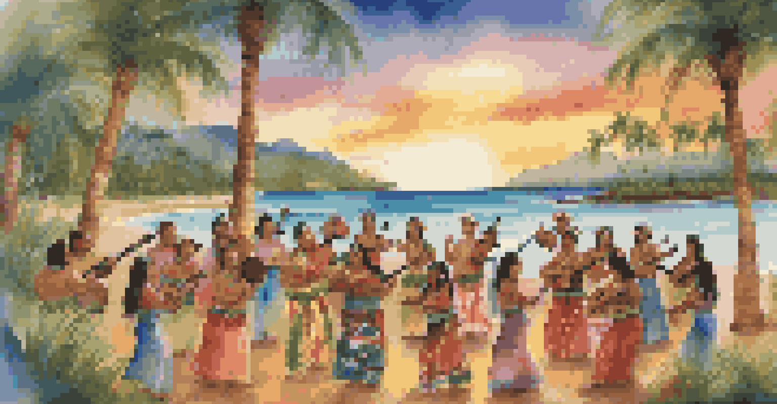 A traditional Hawaiian healing ceremony with participants in colorful attire playing instruments and chanting on a scenic beach during sunset.