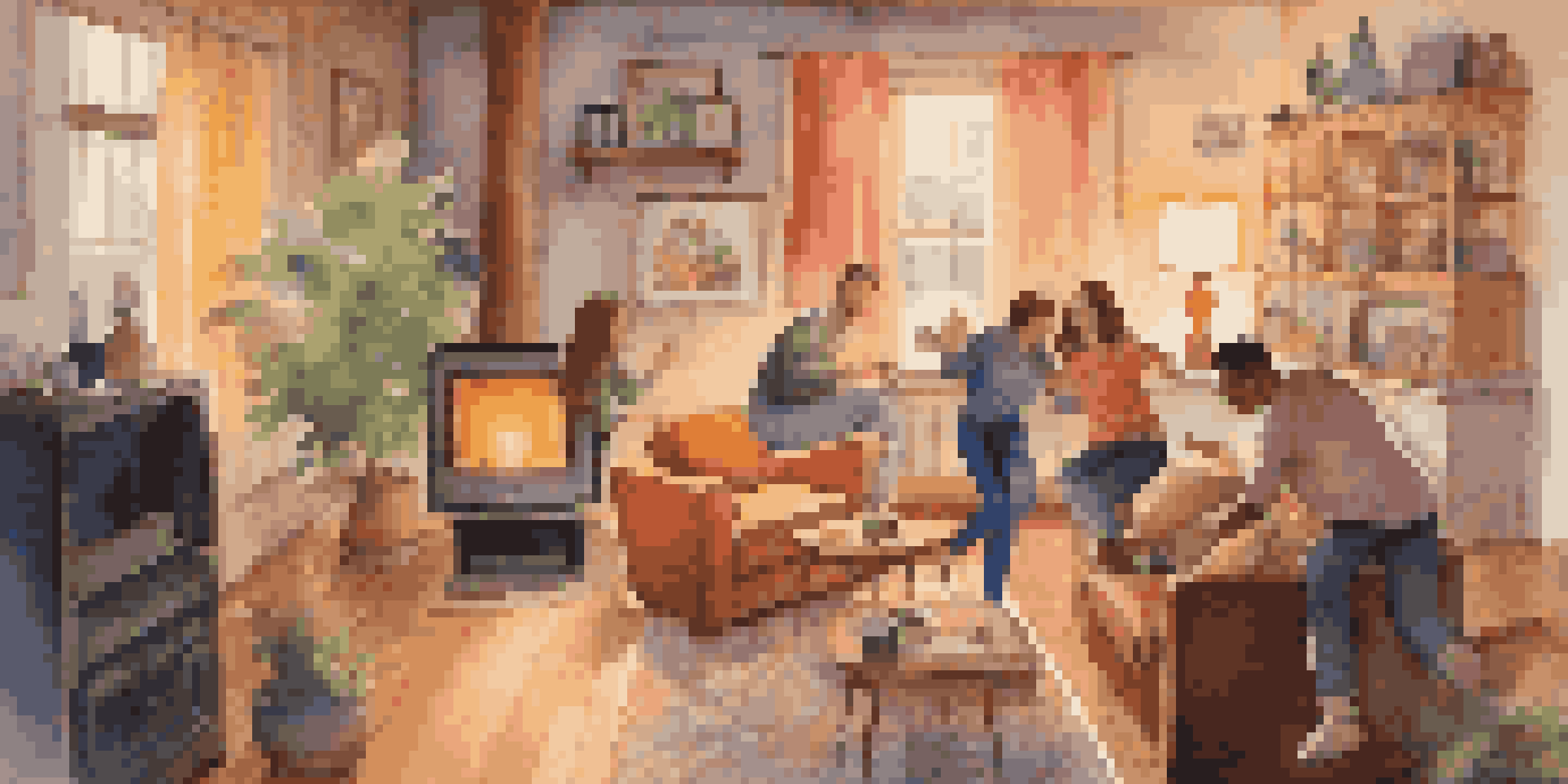 A couple dancing joyfully in a cozy living room filled with warm lighting and colorful decorations.