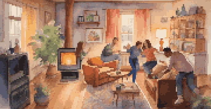 A couple dancing joyfully in a cozy living room filled with warm lighting and colorful decorations.