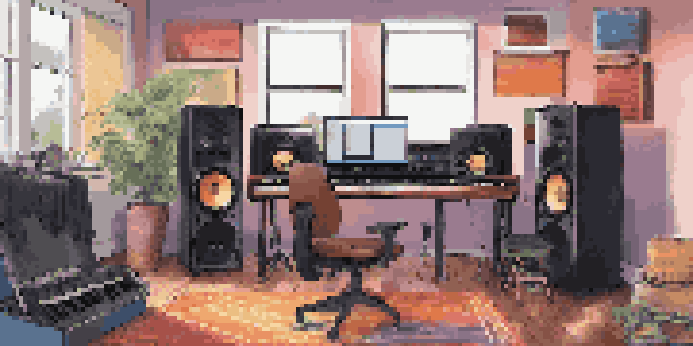 A bright home music studio with a laptop, colorful acoustic panels, and musical instruments like a guitar and keyboard, illuminated by natural light.