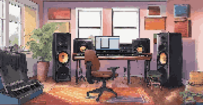 A bright home music studio with a laptop, colorful acoustic panels, and musical instruments like a guitar and keyboard, illuminated by natural light.