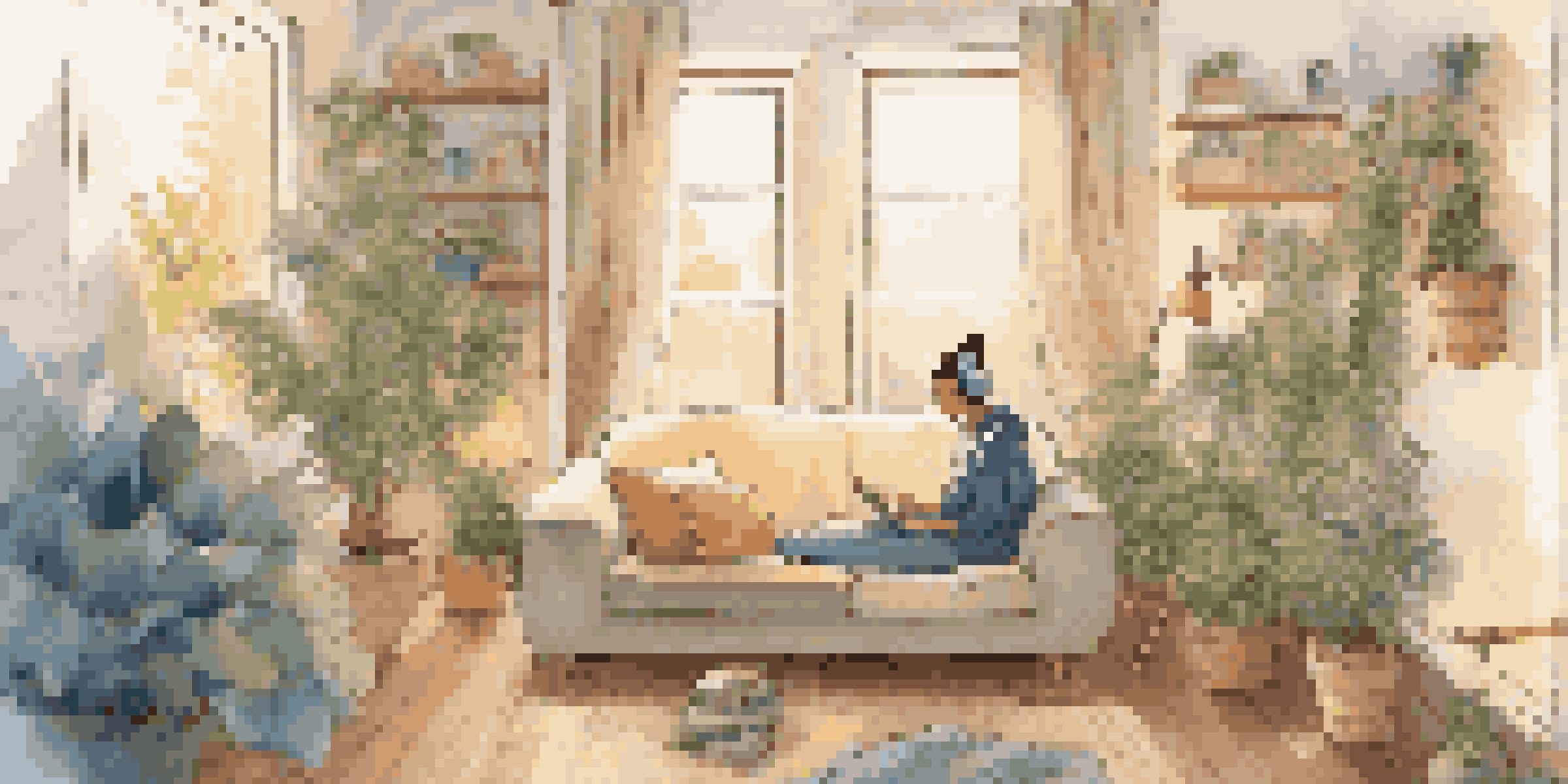 A person enjoying music on a couch in a cozy living room, surrounded by soft lighting and floating musical notes.