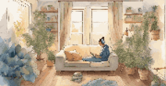 A person enjoying music on a couch in a cozy living room, surrounded by soft lighting and floating musical notes.