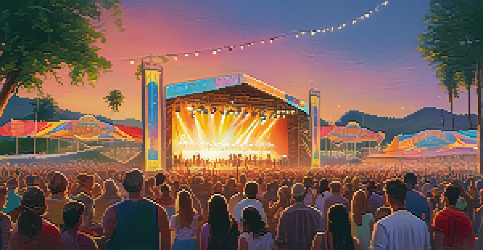 A lively outdoor music festival with a diverse crowd enjoying performances, colorful lights, and a warm sunset glow.