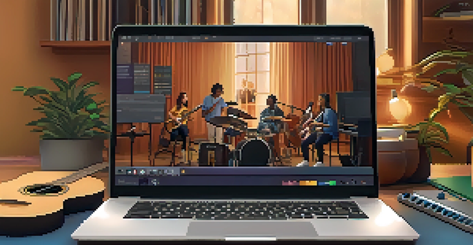 A laptop showcasing an online music lesson with diverse students, surrounded by musical instruments in a cozy study room.