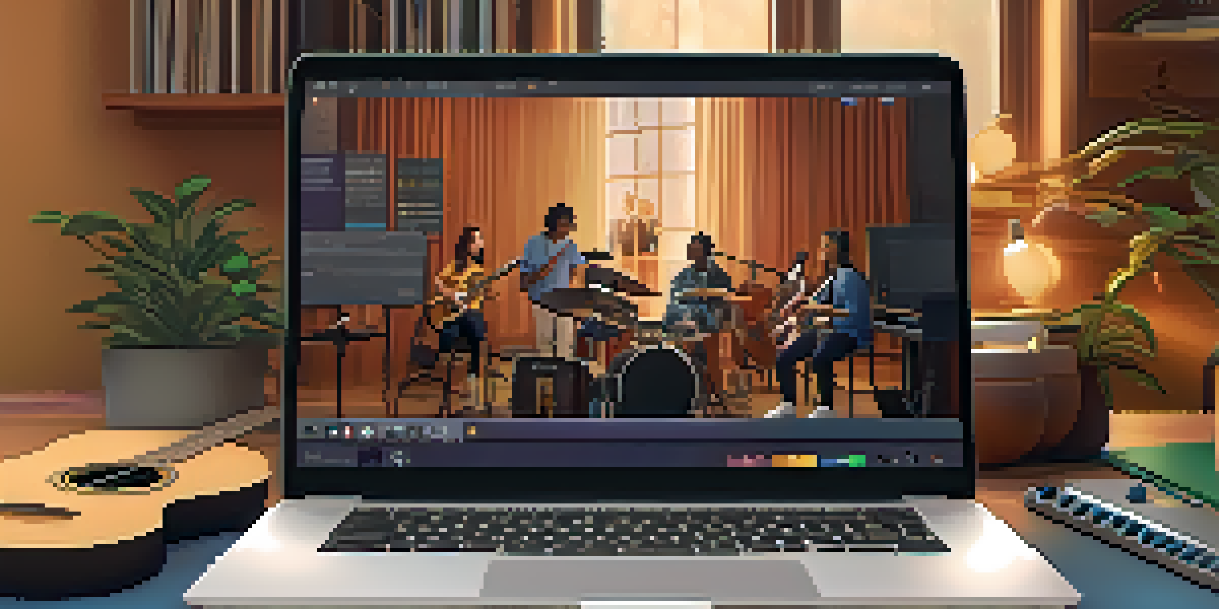A laptop showcasing an online music lesson with diverse students, surrounded by musical instruments in a cozy study room.