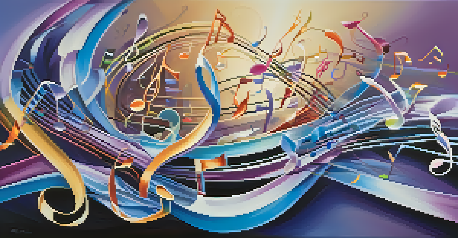 An abstract image of musical notes swirling in vibrant colors against a soft blue and purple background, representing the essence of melody.