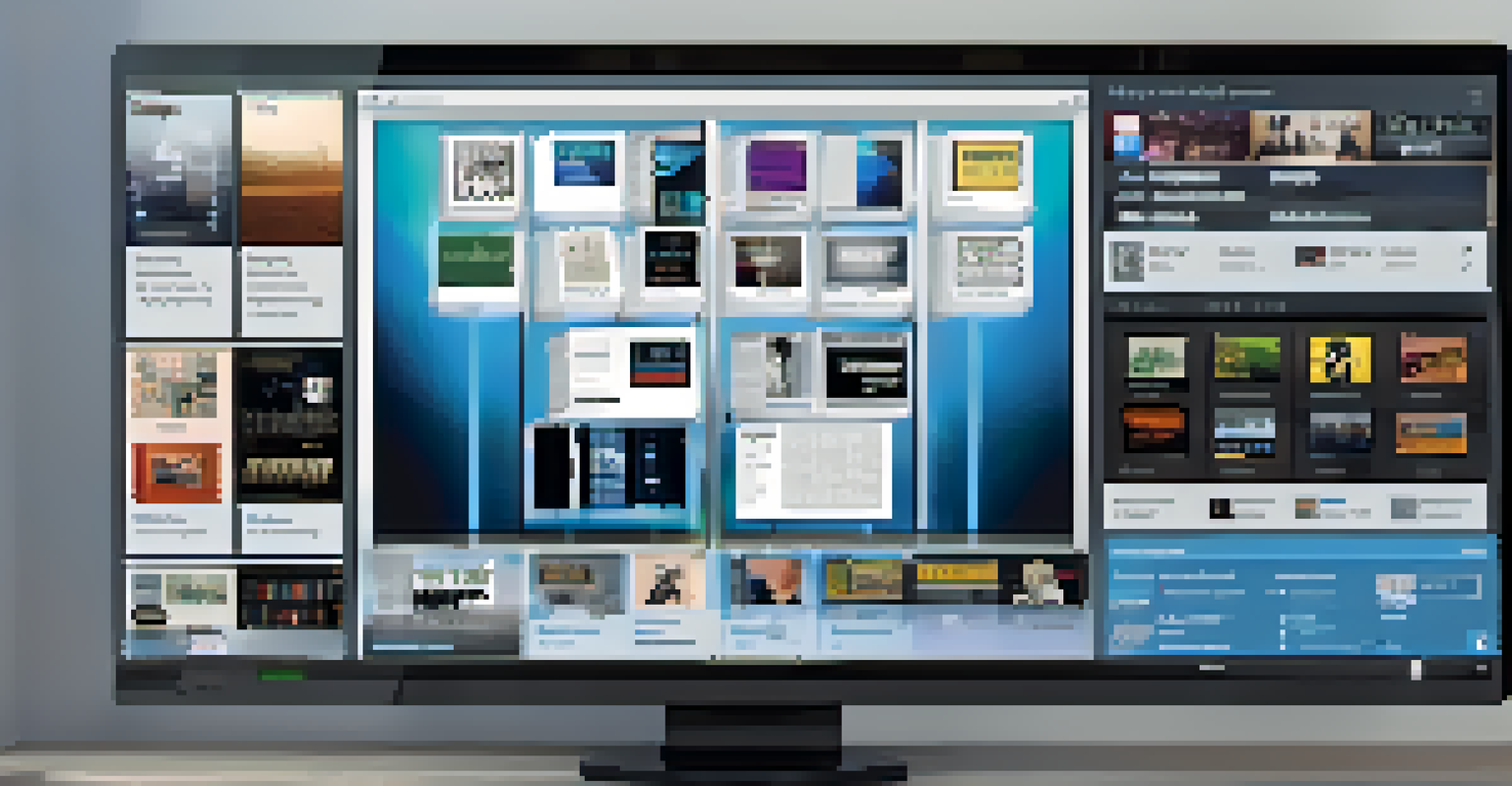 A modern computer screen displaying a digital music library with album covers and song titles, set in a minimalistic room.