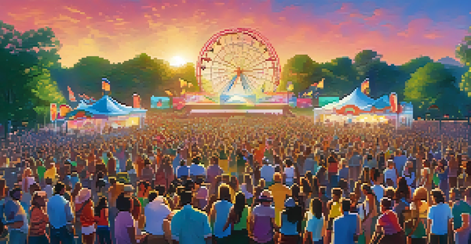 A lively outdoor music festival with diverse attendees dancing and enjoying performances under a clear blue sky.