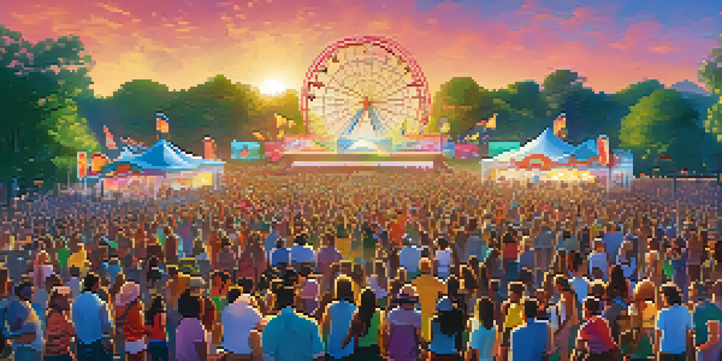 A lively outdoor music festival with diverse attendees dancing and enjoying performances under a clear blue sky.