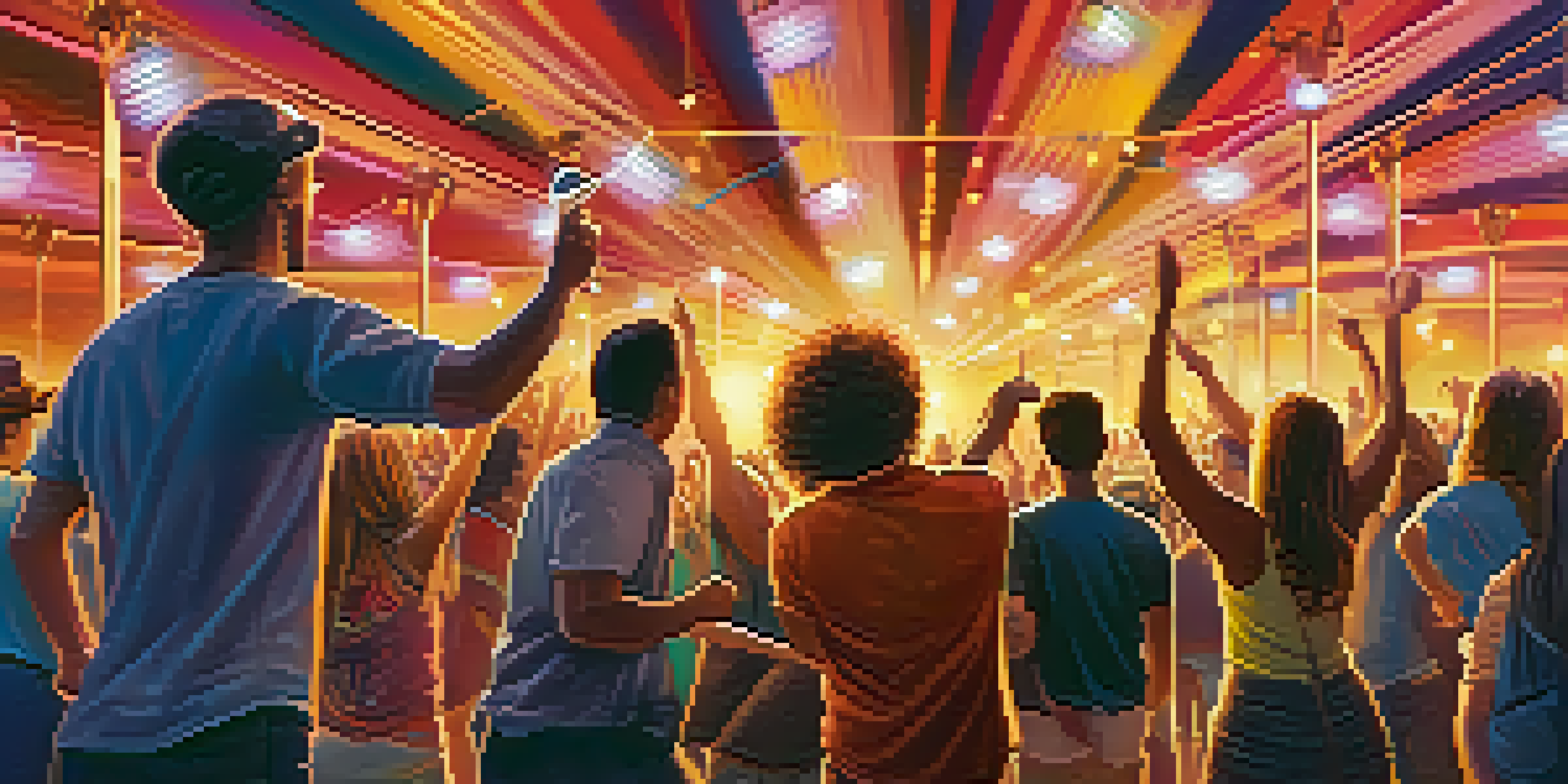 A lively outdoor music festival with a diverse crowd dancing and enjoying a band on stage during sunset.