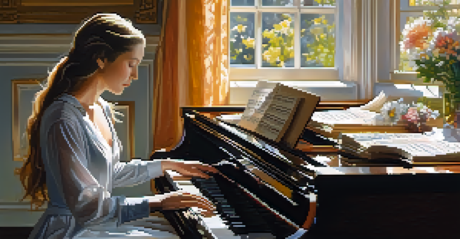 A female composer at a grand piano, immersed in thought with sheet music and flowers around, sunlight illuminating her workspace.