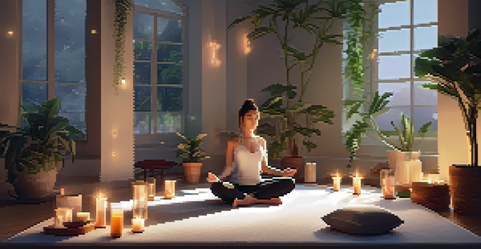 A person meditating in a calm space with candles and plants, exuding a peaceful atmosphere.