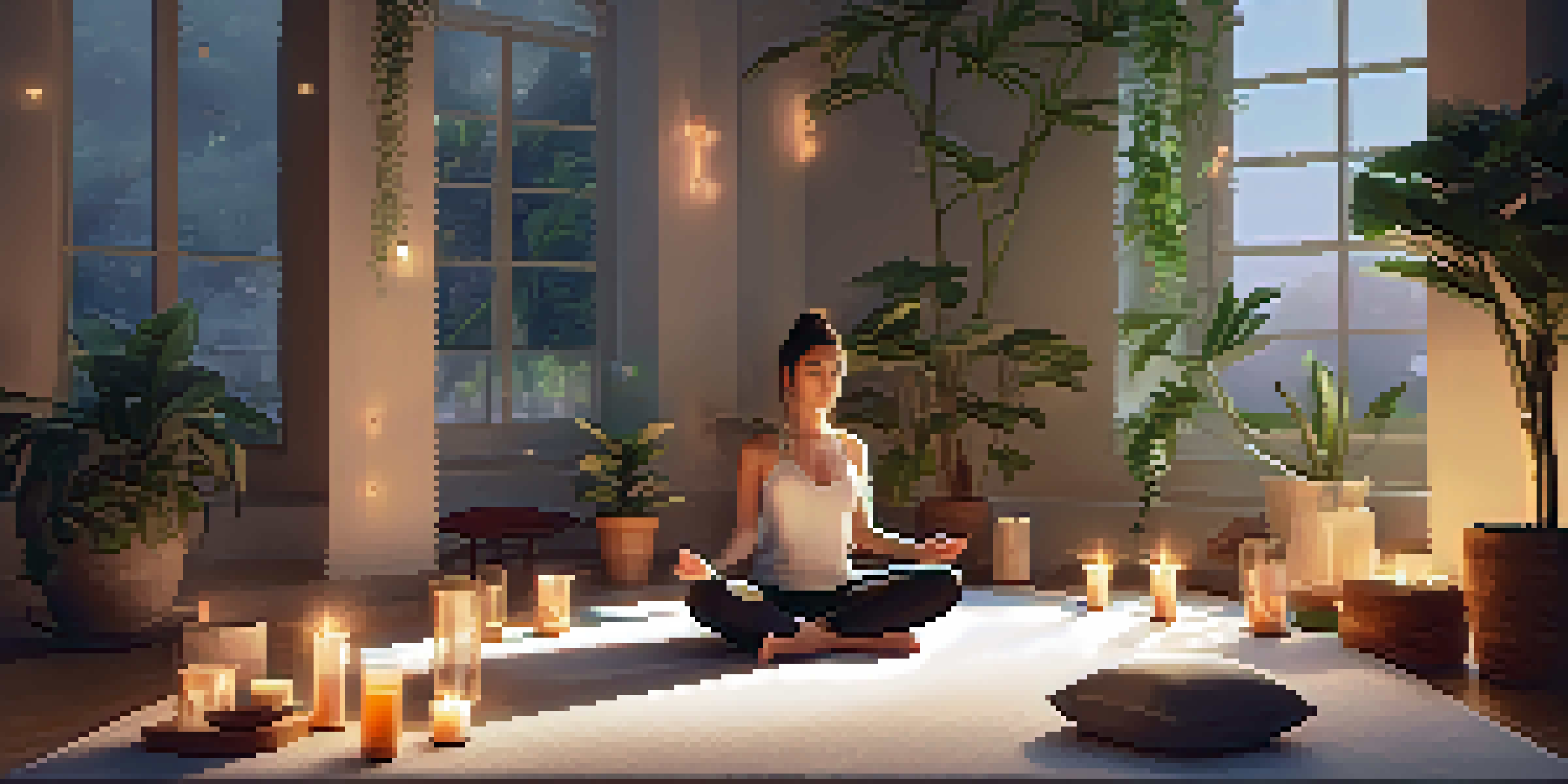 A person meditating in a calm space with candles and plants, exuding a peaceful atmosphere.