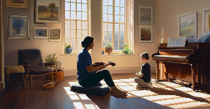 A calming music therapy session with a therapist and client surrounded by musical instruments and soft sunlight.