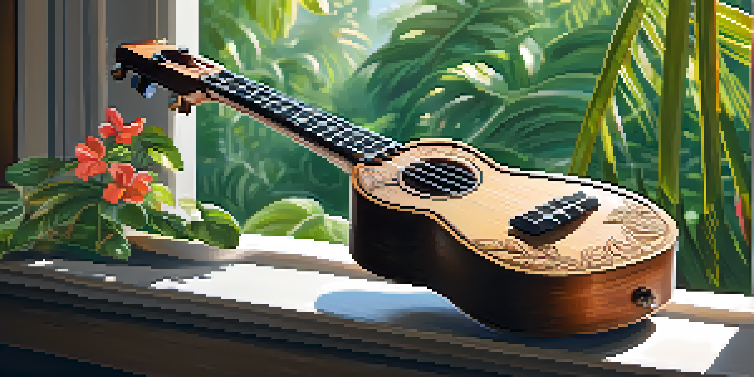 A close-up view of a ukulele with floral carvings on a wooden table, surrounded by green plants and soft sunlight.