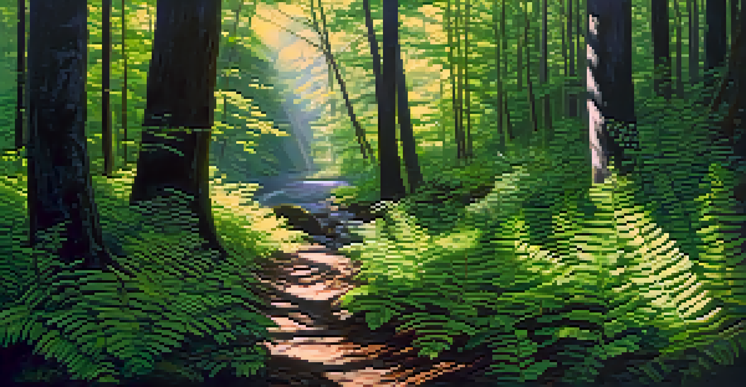 A tranquil forest with sunlight, tall trees, ferns, and a small stream.