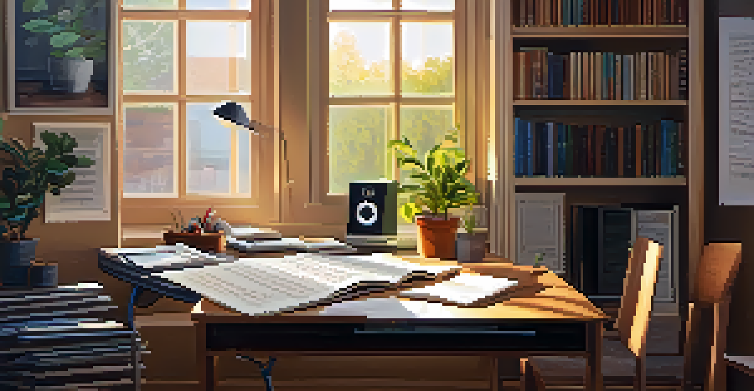 A cozy workspace with a computer displaying music tutorials, scattered sheet music, and a guitar, all illuminated by natural light coming from a window.