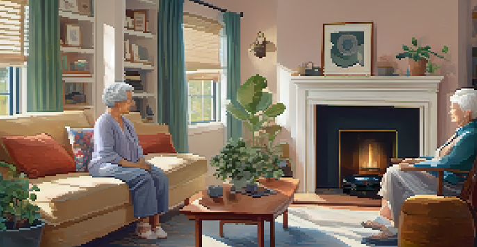 A caregiver and a senior woman engaged in a joyful moment, singing together in a warm living room filled with family photos and a record player.