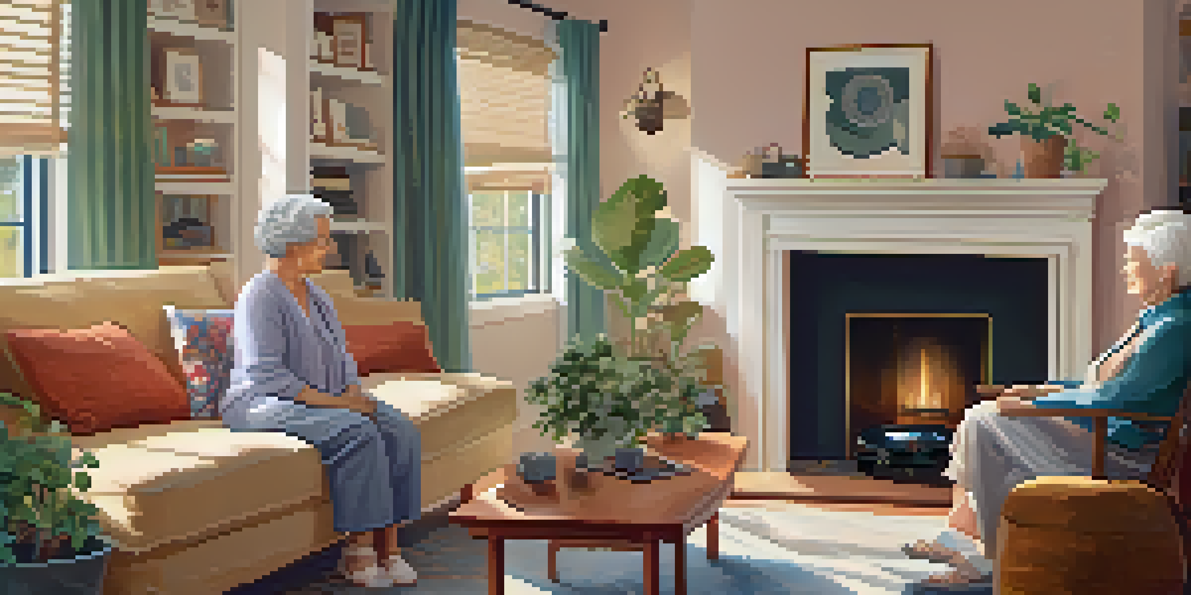 A caregiver and a senior woman engaged in a joyful moment, singing together in a warm living room filled with family photos and a record player.