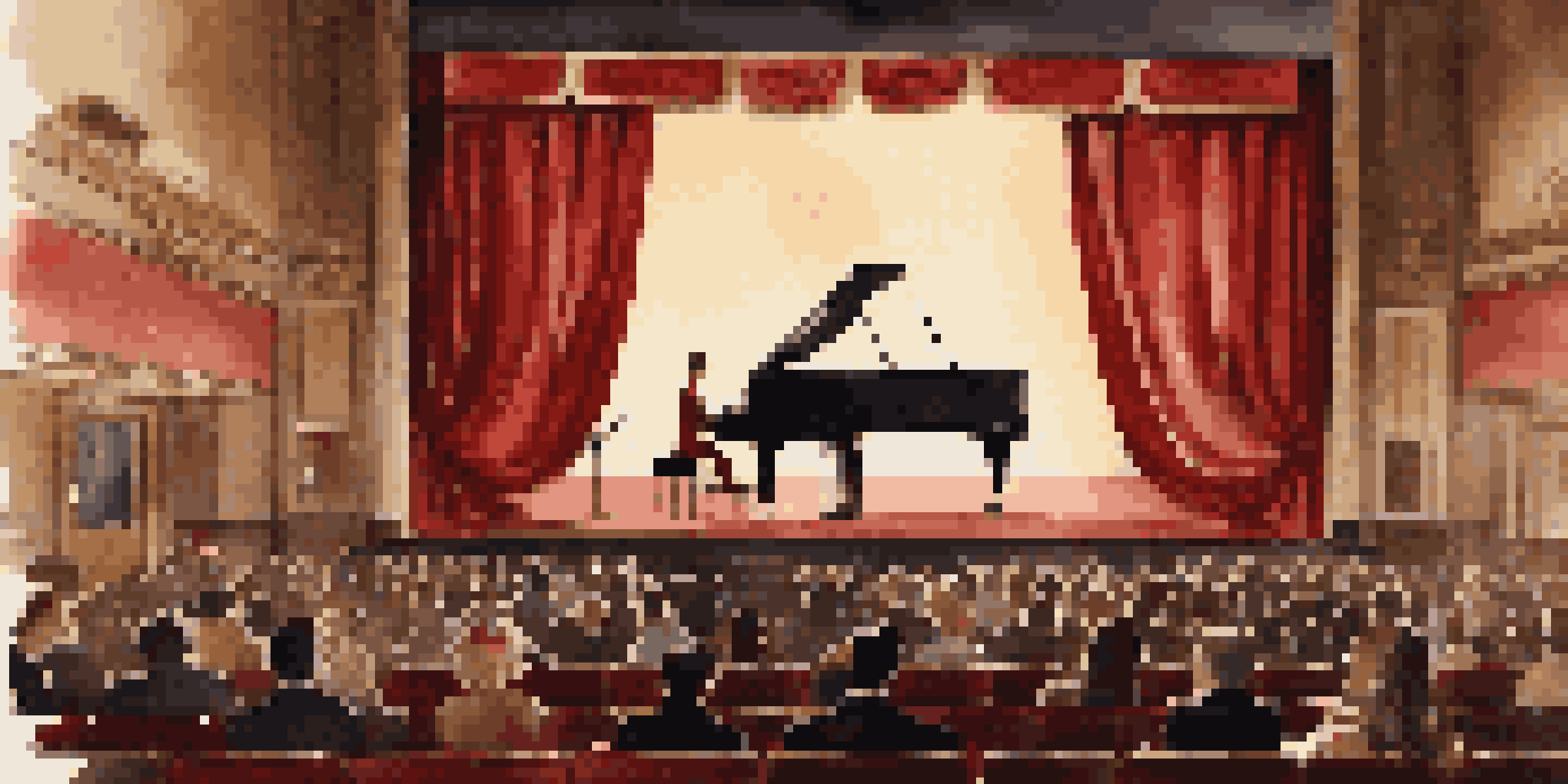 A vintage cinema with a silent film screening, a pianist playing, and an engaged audience, all in a warm, nostalgic lighting.