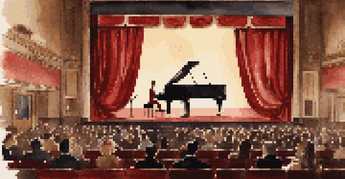 A vintage cinema with a silent film screening, a pianist playing, and an engaged audience, all in a warm, nostalgic lighting.