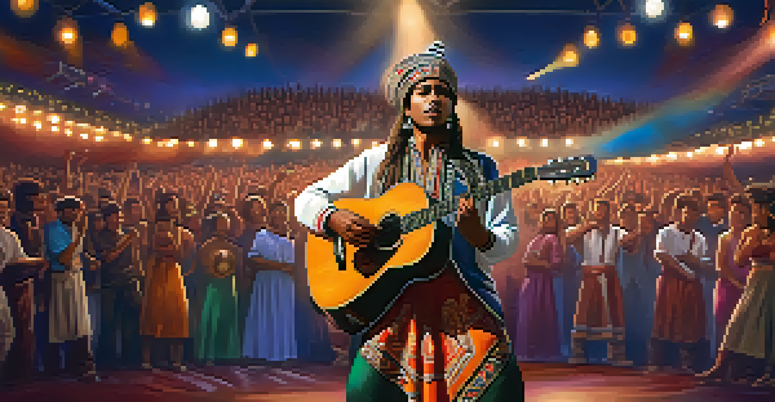 A modern Indigenous musician performing on stage, blending traditional and contemporary styles, with an engaged crowd in the background.