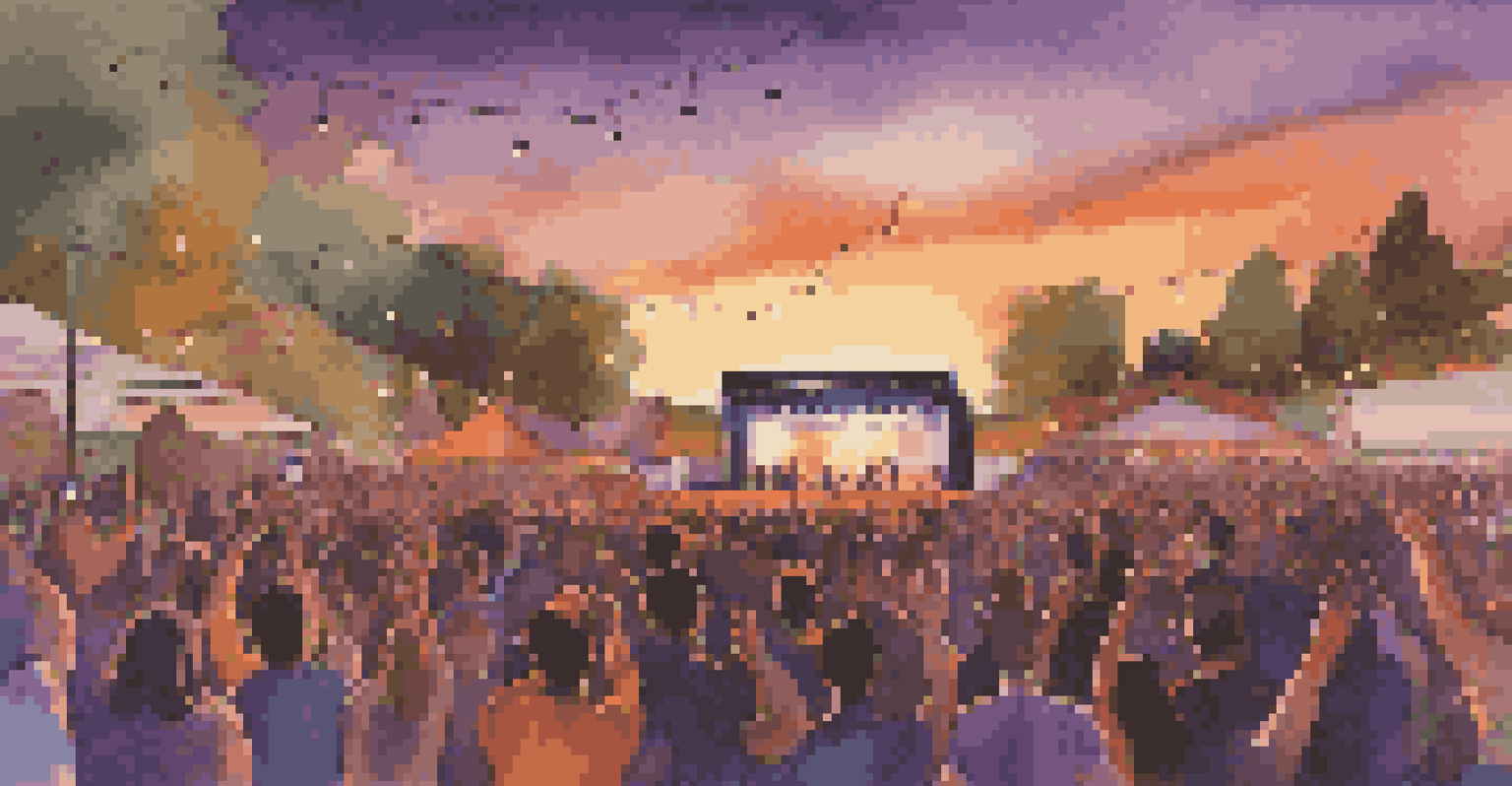 A lively outdoor concert at sunset with a large crowd enjoying a bright stage performance under a colorful sky.