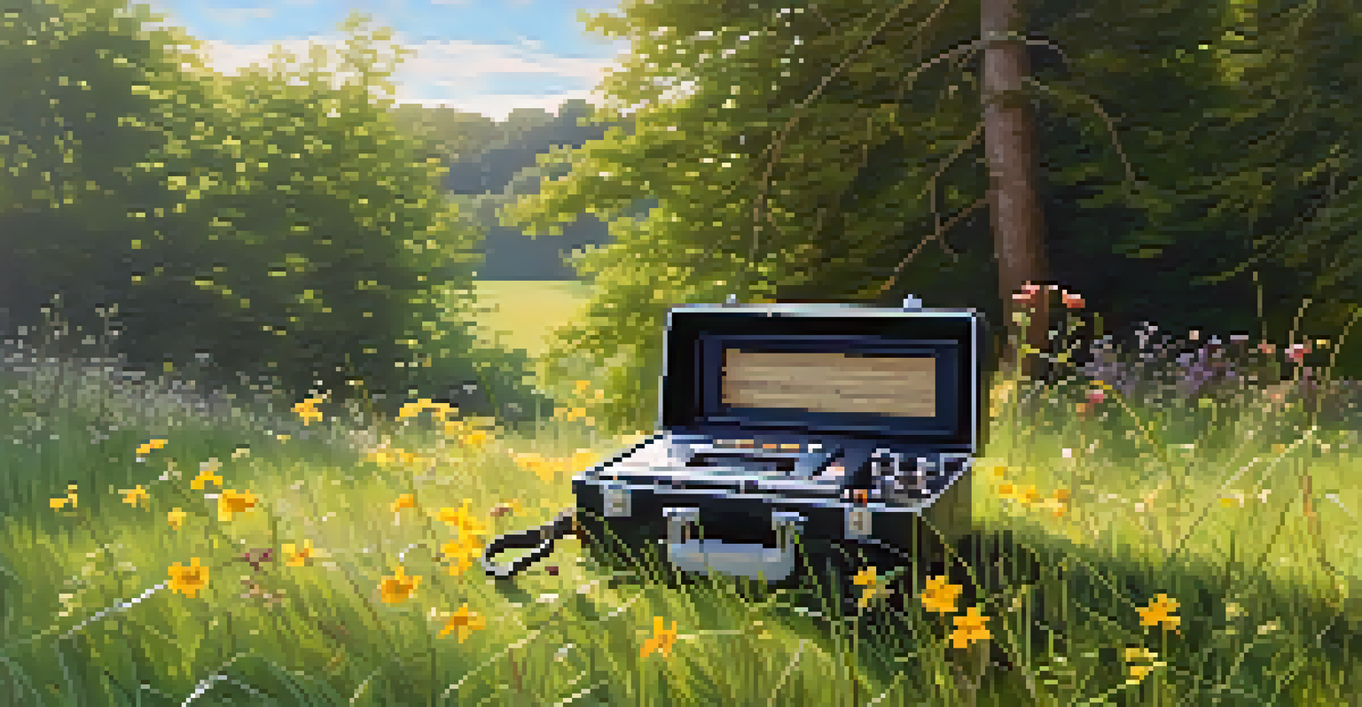 A field recorder on a grassy patch surrounded by wildflowers and trees in a serene outdoor setting.
