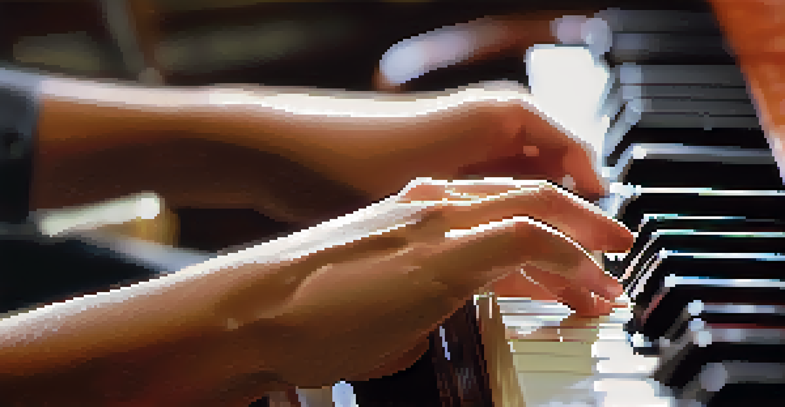A close-up of a teacher's hands playing the piano, with sheet music and a metronome in the background.