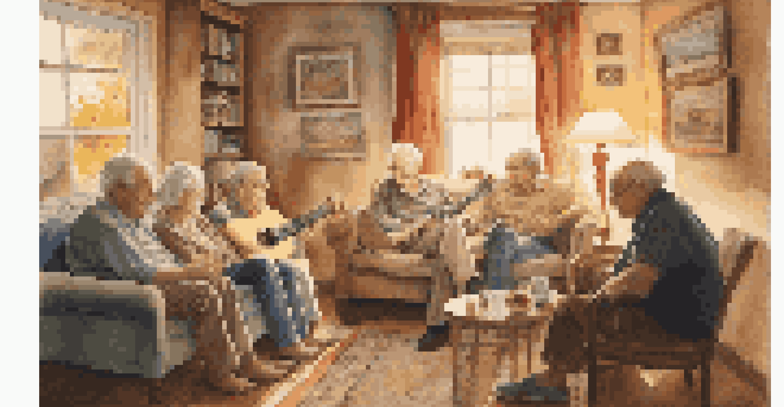 An elderly man playing guitar in a cozy living room with family members listening.