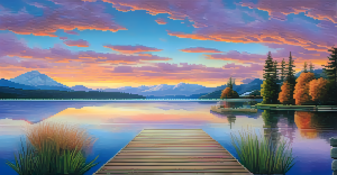 A picturesque sunset over a calm lake, with colorful reflections and a wooden dock in the foreground.