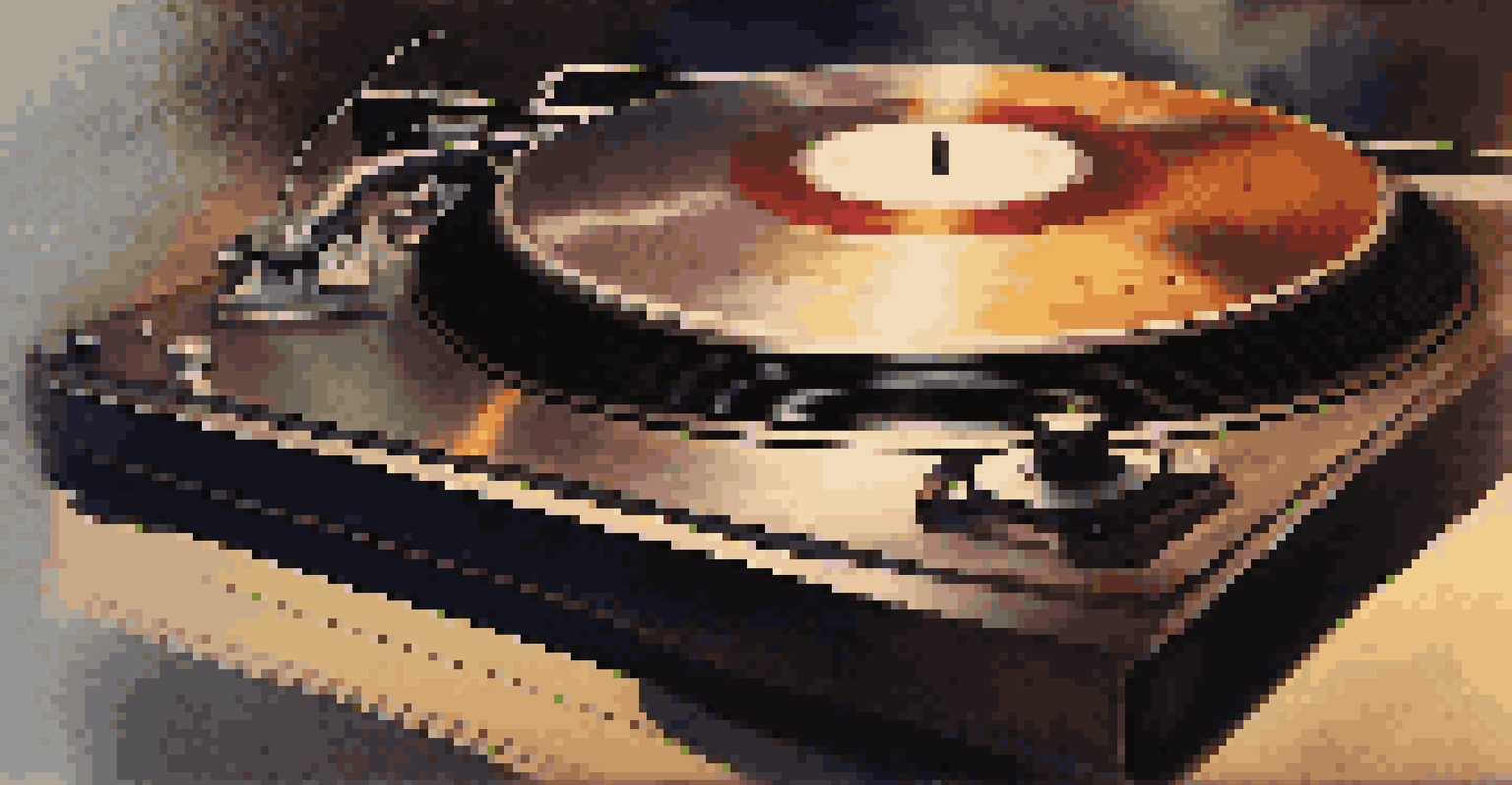 A close-up of a spinning vinyl record on a turntable, showcasing its texture and warm lighting.
