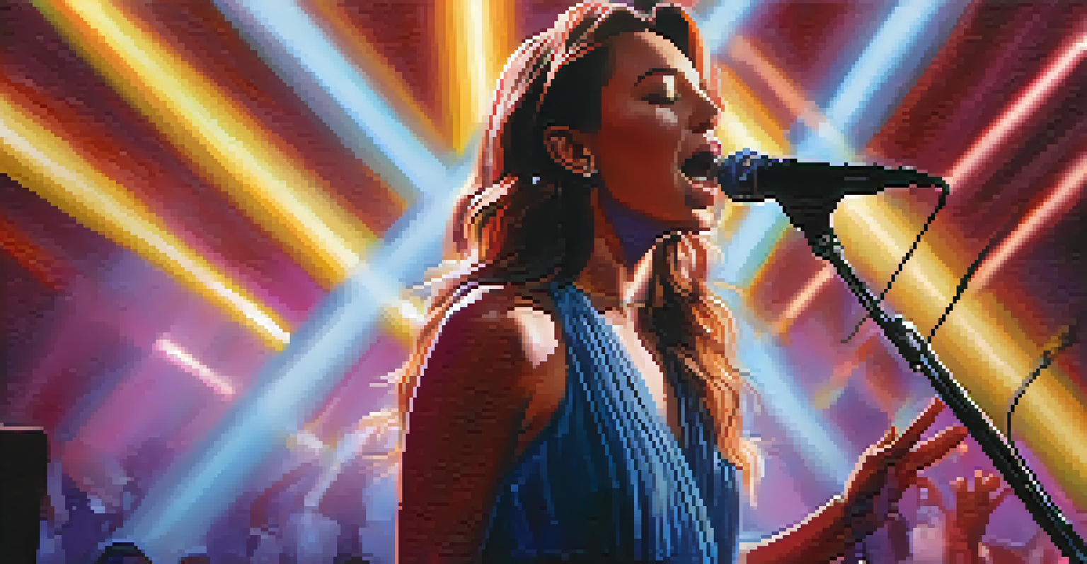 A vocalist passionately singing on stage with colorful lights, demonstrating vibrato technique, with an audience in the background.