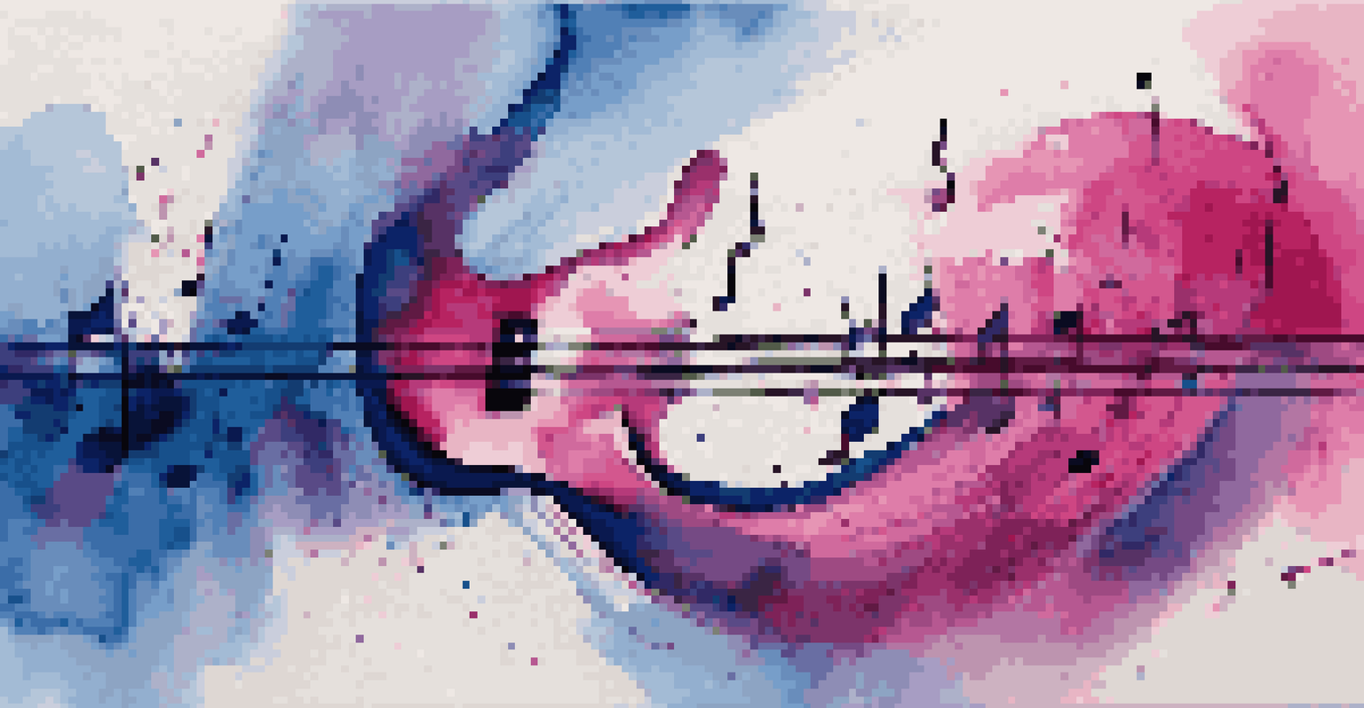 An abstract depiction of colorful sound waves and musical notes with a silhouette of a bass guitar.