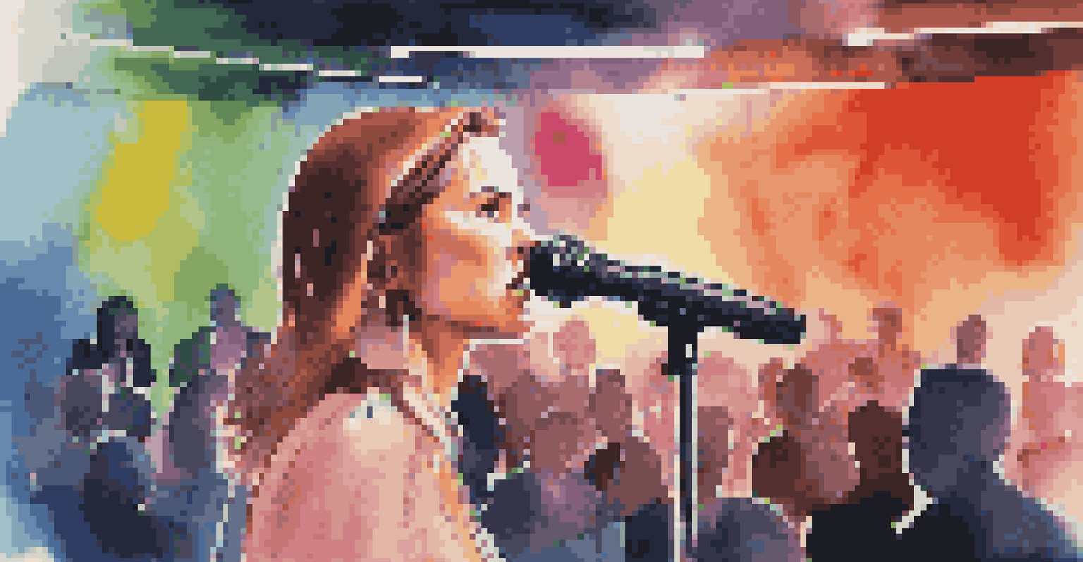 A female music executive presenting confidently at a conference, showcasing her authority and passion.